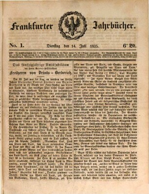 Frankfurter Jahrbücher : eine Zeitschr. für d. Erörterung hiesiger öffentl. Angelegenheiten. 6. 1835