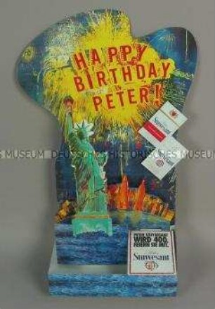 Werbeaufsteller mit Werbeaufdruck für "Peter Stuyvesant"-Zigaretten, "HAPPY BIRTHDAY PETER!"