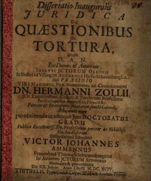 Dissertatio Inauguralis Iuridica De Quaestionibus seu Tortura