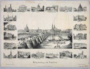 Bilderbogen mit einer großen und 20 kleineren Ansichten von Dresden und Umgebung