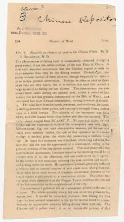 Showers of Sand. Art. V. Remarks on showers of sand in the Chinese Plain.