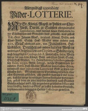 Allergnädigst approbirte Bilder-Lotterie : [Gemälde-Sammlung von Johann Mock]