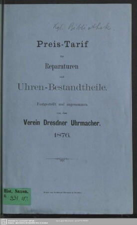 Preis-Tarif für Reparaturen und Uhren-Bestandtheile