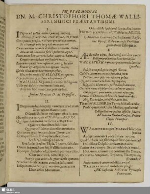 In Psalmodias Dn. M. Christophori Thomae Walliseri, musici prastantissimi.
