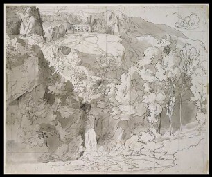 Landschaft bei Subiaco mit einem Wasserfall und dem Kloster San Benedetto