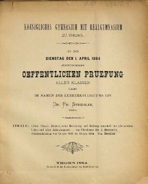 Zu der ... stattfindenden öffentlichen Schulprüfung und der Entlassung der Abiturienten ladet im Namen des Lehrerkollegiums ein. 1883/84