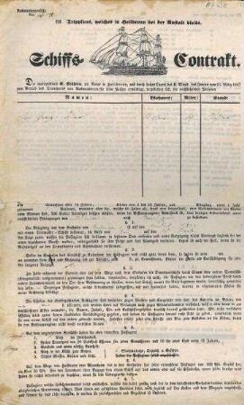 Schiffs-Contrakt von C. Stählen für den Transport eines Auswanderers von HN nach New-York, ausgefüllt für Joh. Georg Dörr von Nassau (OA Mergentheim)(?)
