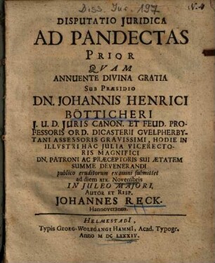 Disputatio Juridica Ad Pandectas Prior