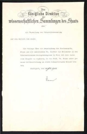 Schreiben der Direktion an die Verwaltung der wissenschaftlichen Naturaliensammlung