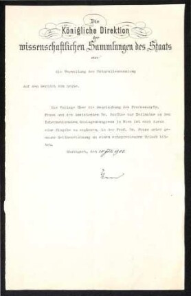 Schreiben der Direktion an die Verwaltung der wissenschaftlichen Naturaliensammlung