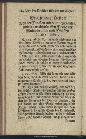 Dreyzehente Lection. Von der Division mit benanten Zahlen, und der wechselsweisen Probe der Multiplication und Division durch einander