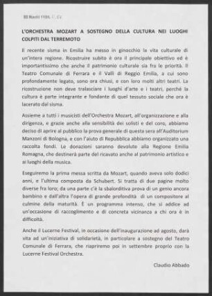 L' Orchestra Mozart a sostegno della cultura nei luoghi colpiti dal terremoto