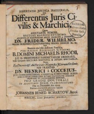 Dissertatio Juridica Inauguralis, De Differentiis Juris Civilis & Marchici