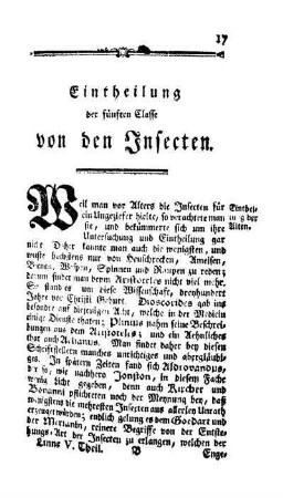 Eintheilung der fünften Classe, von den Insecten