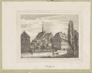 Ortsansicht von Wyhra (Borna-Neukirchen-Wyhra) südlich von Borna mit Kirche und Fachwerkhäusern, aus Sachsens Kirchen-Galerie von Hermann Schmidt, Bd. 6, 1841