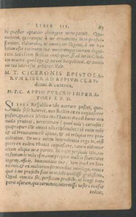 M. T. Ciceronis Epistolarum Liber Ad Appium Claudium & caeteros.