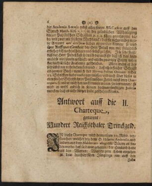 Antwort auff die II. Charteque, genannt: Hundert Reichsthaler Trinckgeld.