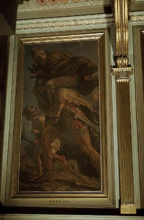 Äneas flieht mit Anchises und Ascanius aus dem brennenden Troja