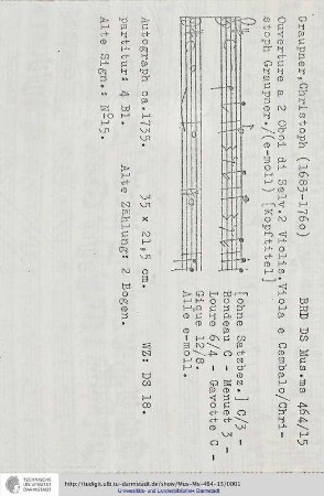 Ouverture a 2 Oboi di Selv. 2 Violin. Viola e Cembalo / Christoph Graupner.
