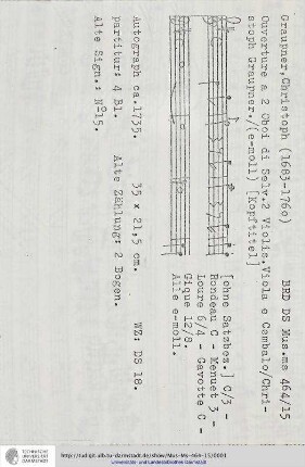 Ouverture a 2 Oboi di Selv. 2 Violin. Viola e Cembalo / Christoph Graupner.
