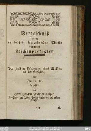 Verzeichniß der in diesem sechzehnten Theile enthaltenen Leichenpredigten
