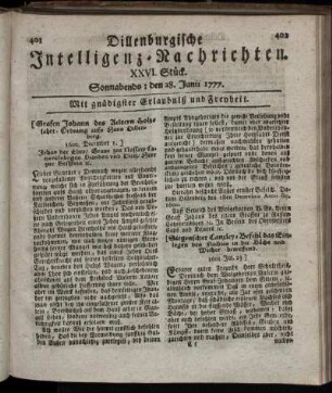 XXVI. Stück. Sonnabends: den 28. Junii 1777.