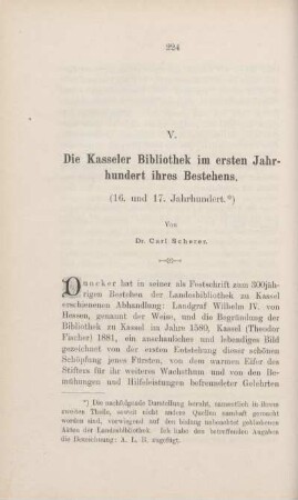 V. Die Kasseler Bibliothek im ersten Jahrhundert ihres Bestehens.