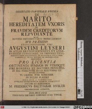 Dissertatio Inavgvralis Ivridica De Marito Hereditatem Vxoris In Fravdem Creditorvm Repvdiante