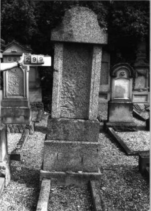 Grabstein 299 (Index: 99796539) Material: Granit Zustand: Schriftplatte fehlt, sonst gut Maße HxBxT: 226x73x28 cm Beschreibung: Stele, getreppter Sockel, Abschl:Sonderform, rechteck. Schriftfeld: Grabstein 299