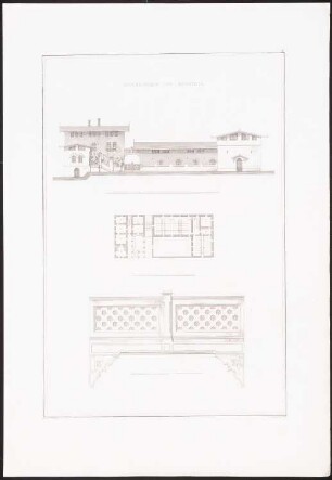 Molkenhaus und Kuhstall: Grundriss, Vorderansicht, Detail (aus: Architektonische Entwürfe aus der Sammlung des Architektenvereins zu Berlin, H.3, 1838)