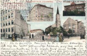 Leipzig-Thonberg: Partie mit Schule, Kirche und Pfarre