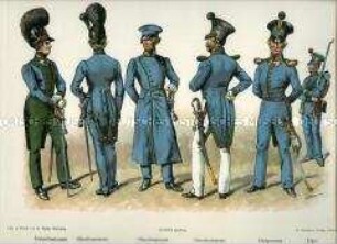Uniformdarstellung, Unterleutnant, Oberleutnants, Hauptmann und Jäger des 1., 2. und 3. Jäger- Bataillons, Königreich Bayern, 1816/1840. Tafel XI. aus: Müller/Braun: Königl. Bayerische Armee.