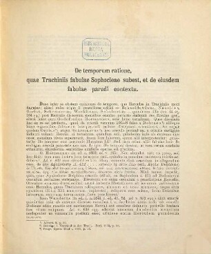 De temporum ratione, quae Trachiniis fabulae Sophocleae subest, et de eiusdem fabulae parodi contextu disputatur