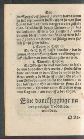 Eine dancksegginge na der predige Gödtlikes wordes.