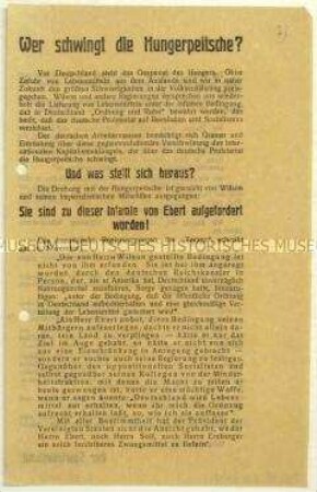 Flugblatt des Spartakusbundes gegen die Reichsregierung betreffend die Einfuhr von Lebensmitteln im Zuge der Revolution 1918/1919