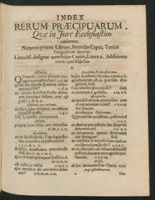 Index Rerum Praecipuarum, Quae in Iure Ecclesiastico continentur.
