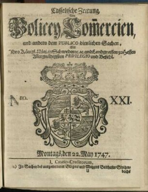 Nro. XXI, Montags, den 22. May 1747