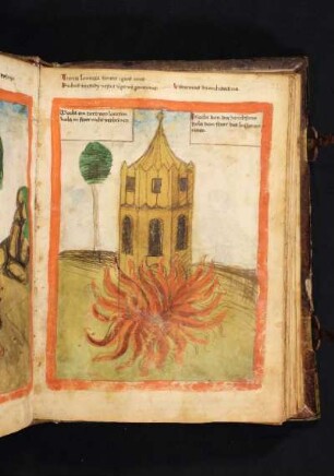 Mariensymbol: ein hölzerner Turm (der aus Lärchenholz gebaute Turm des Alpenkastells Larignanum), an dessen Fuß Feuer brennt
