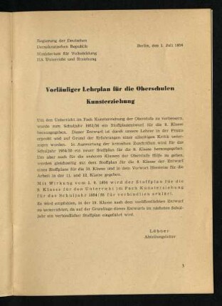 Vorläufiger Lehrplan für die Oberschulen: Kunsterziehung
