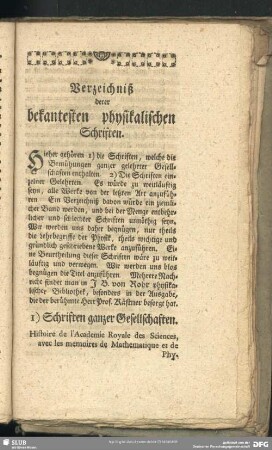 Verzeichniß derer bekantesten physikalischen Schriften