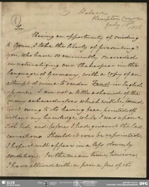 Eigenh. Brief von Robert Talbot an August Wilhelm von Schlegel, London, 18.07.1836