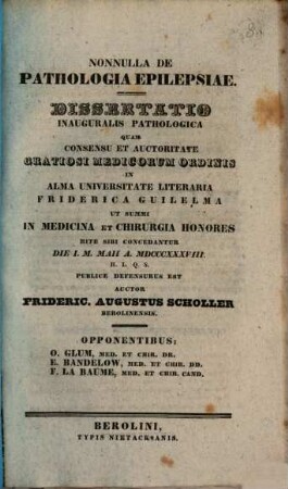 Nonnulla de pathologia epilepsiae : diss. inaug. pathol.