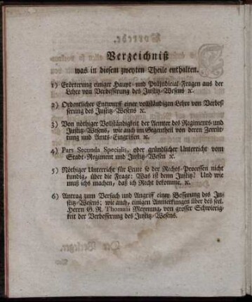 Verzeichniß was in diesem zweyten Theile enthalten.