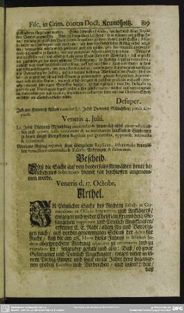 Veneris d. 17. Octobr. Urthel