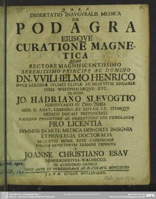 Dissertatio Inauguralis Medica De Podagra Eiusque Curatione Magnetica