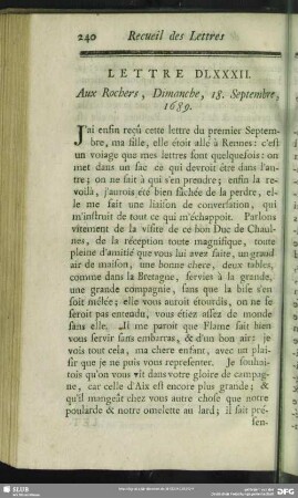 Lettre DLXXXII. Aux Rochers, Dimanche, 18. Septembre, 1689