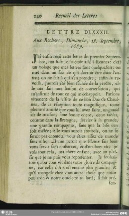 Lettre DLXXXII. Aux Rochers, Dimanche, 18. Septembre, 1689
