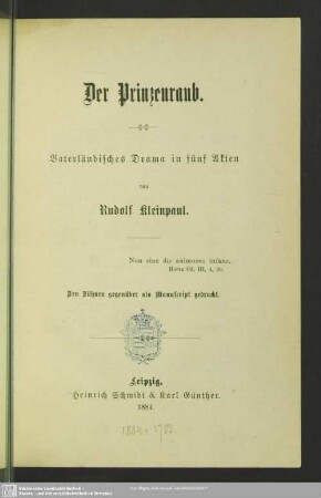 Der Prinzenraub : vaterländisches Drama in fünf Akten