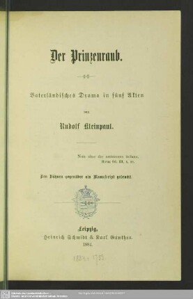 Der Prinzenraub : vaterländisches Drama in fünf Akten