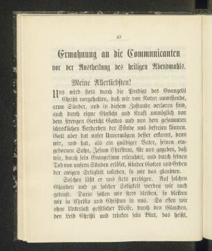 Ermahnung an die Communicanten vor der Austheilung des heiligen Abendmahls.
